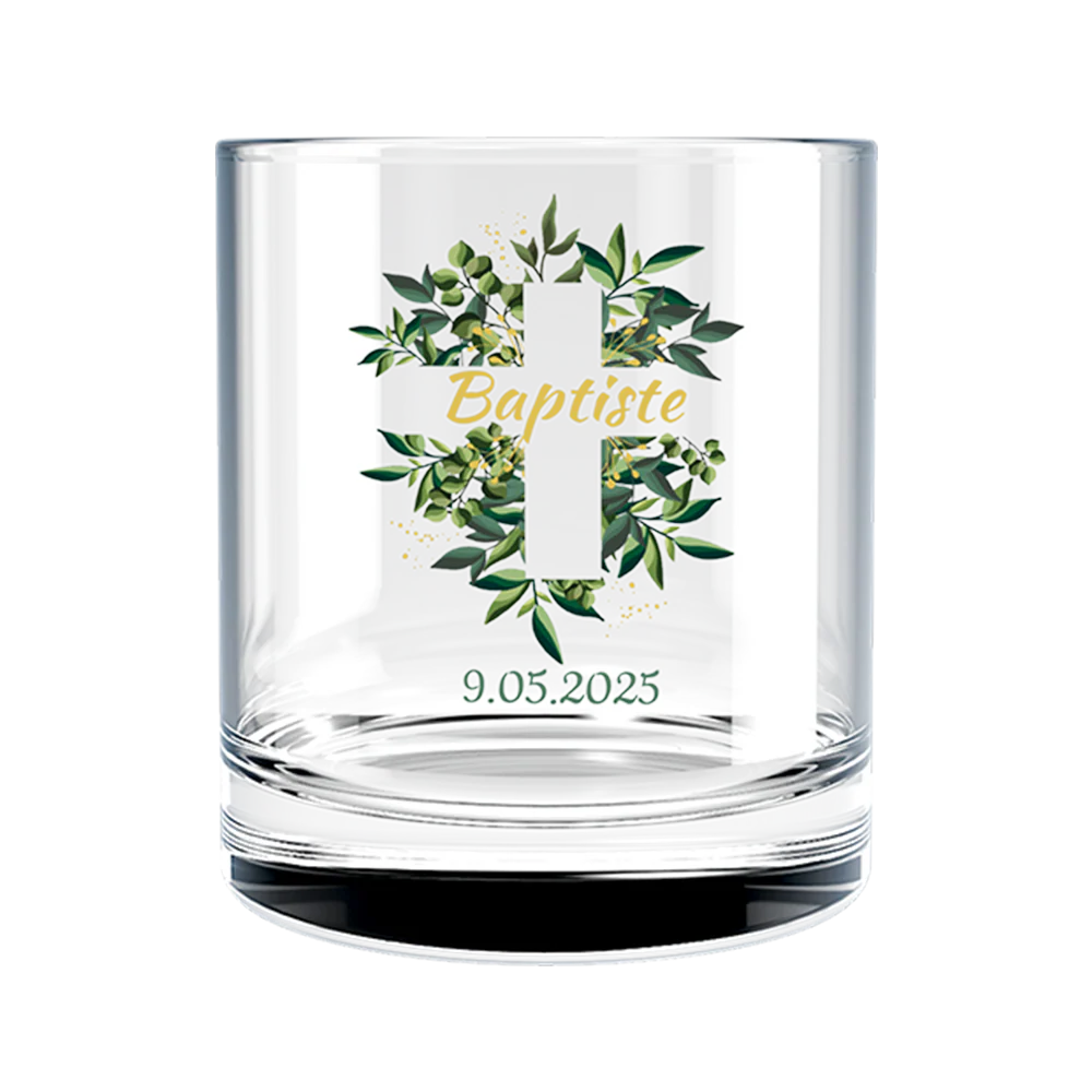 Verre à whisky personnalisé en verre - Baptême Croix & Feuilles