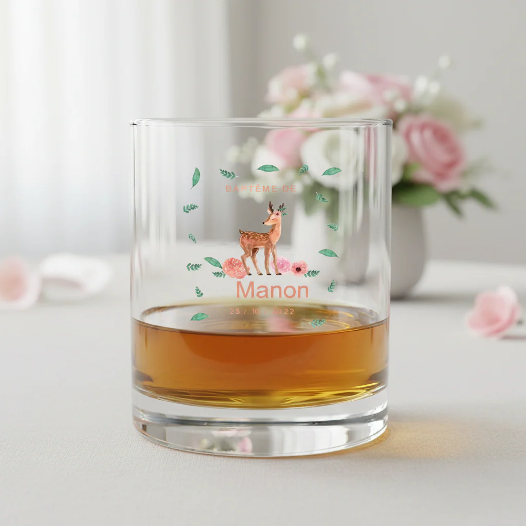 Verre à whisky personnalisé en verre - Baptême Faon - Image 2