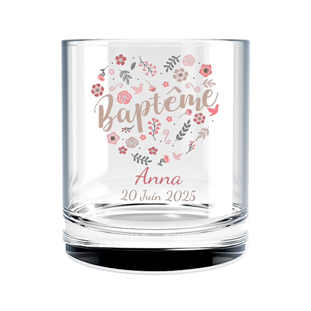 Verre à whisky personnalisé en verre - Baptême Fleuri