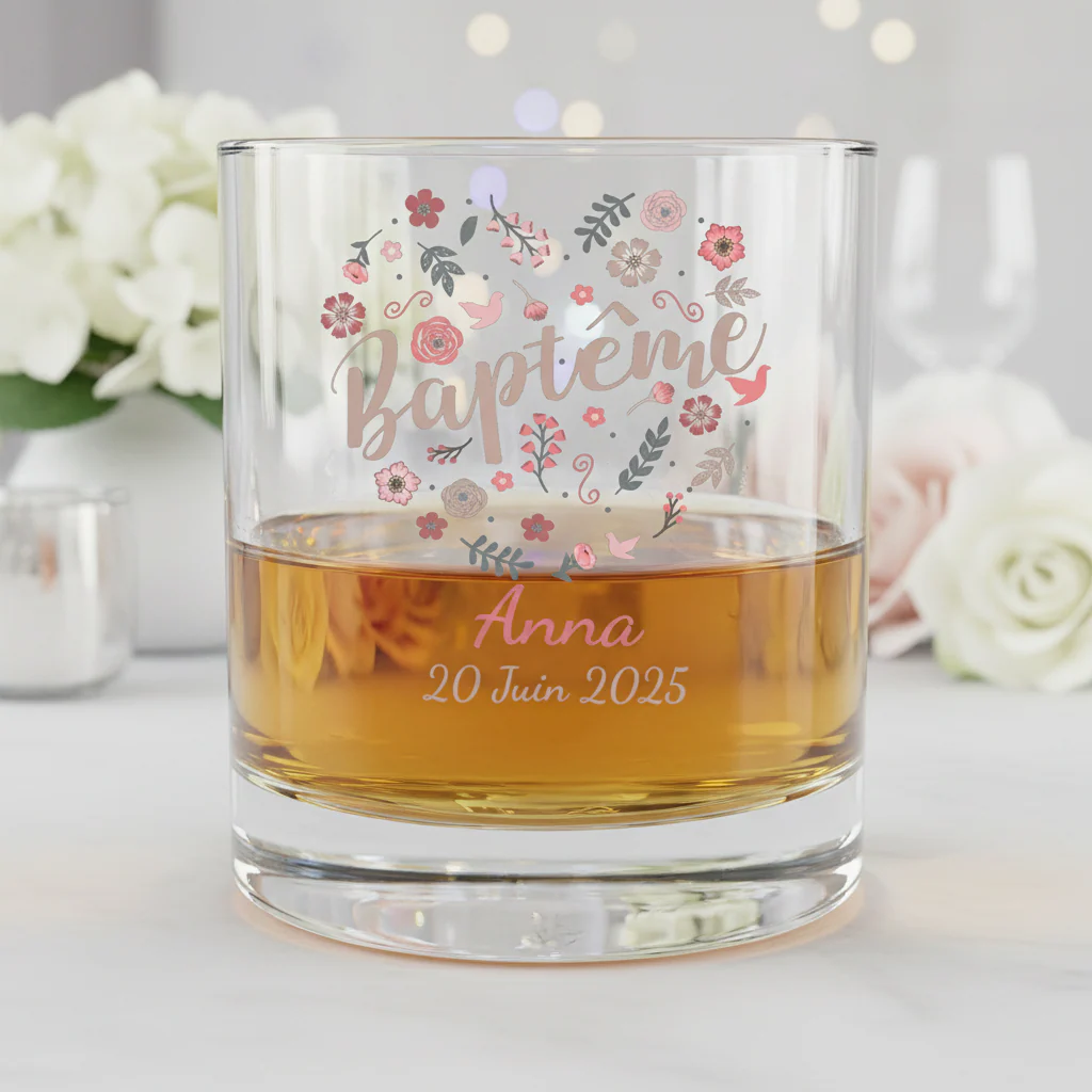 Verre à whisky personnalisé en verre - Baptême Fleuri - Image 2