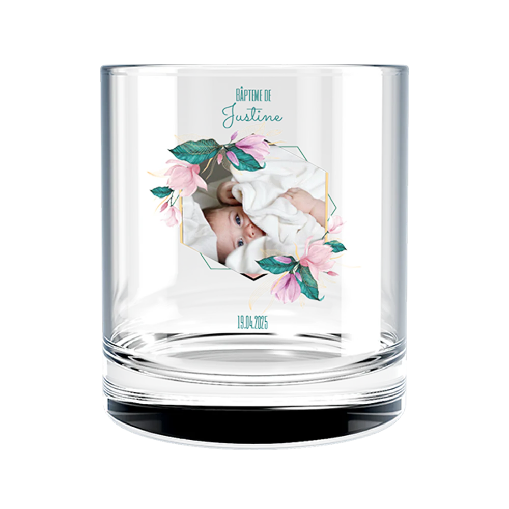 Verre à whisky personnalisé en verre - Baptême Rose & Bleu
