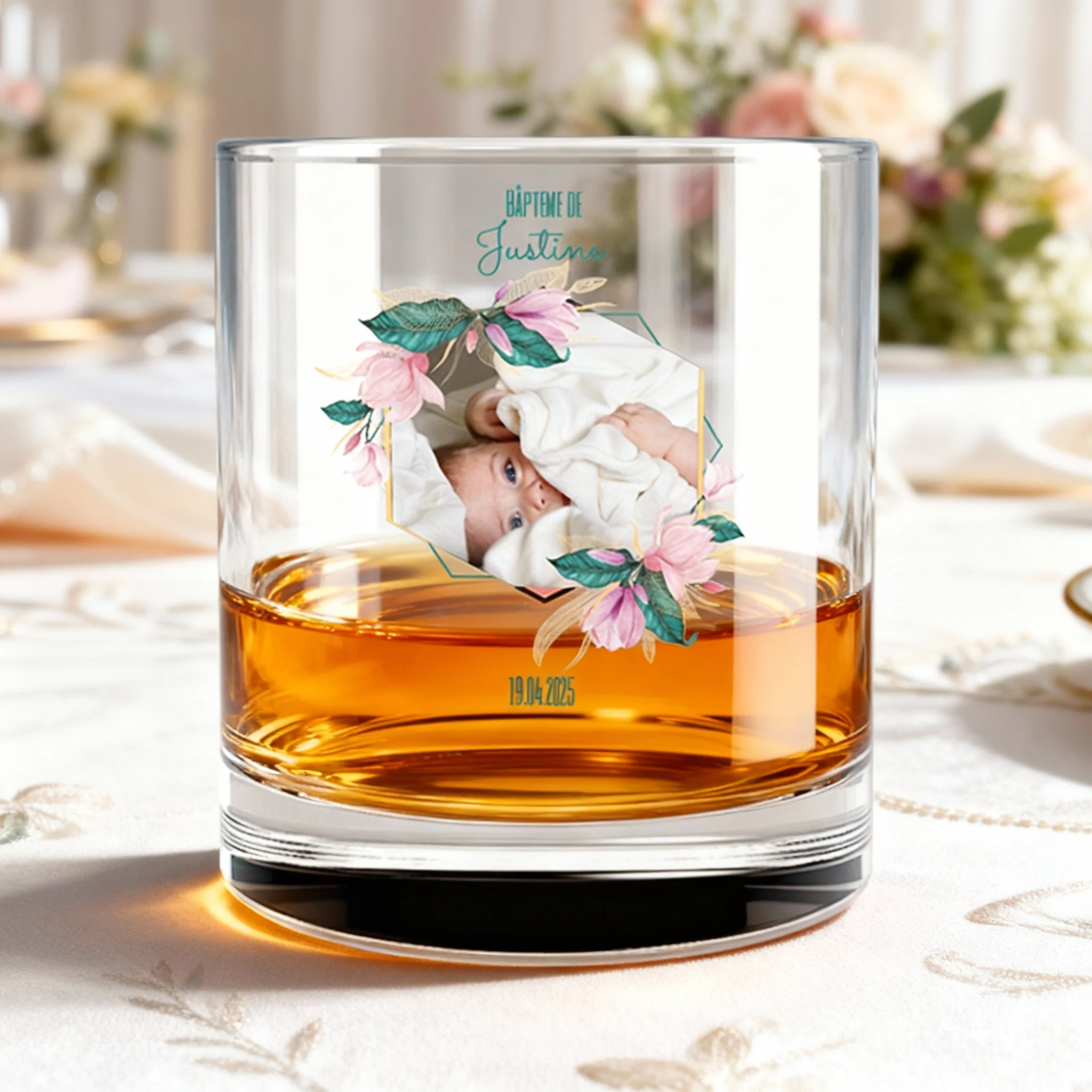Verre à whisky personnalisé en verre - Baptême Rose & Bleu - Image 2