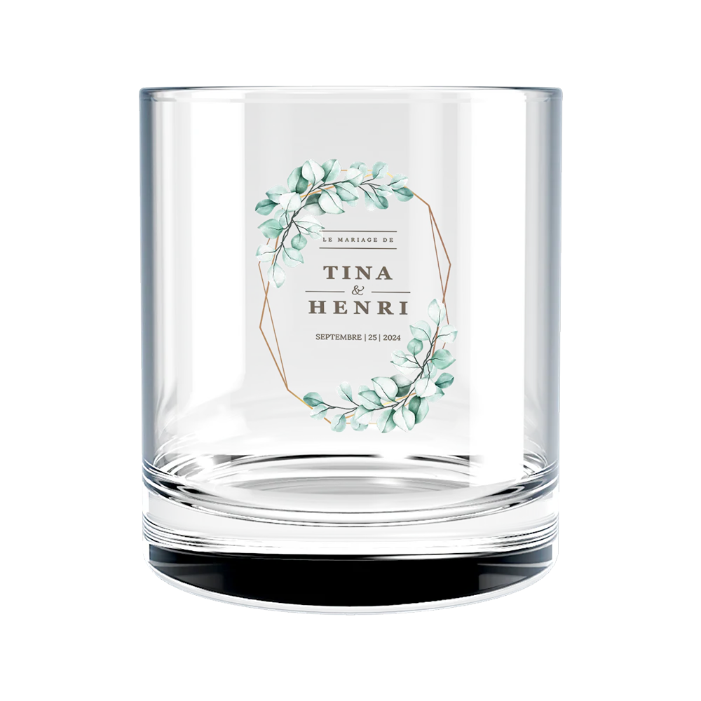 Verre à whisky personnalisé en verre - Mariage Vert & Doré